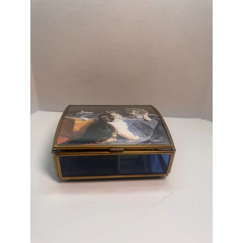 RARE Vintage Kitten Music Jewelry Trinket Box Blue Glass Brass Tone Slight Crack